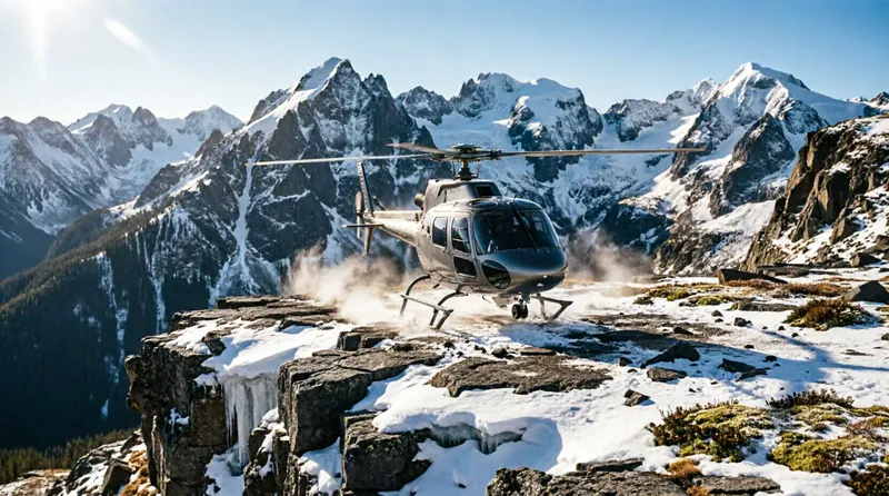 Helicopter landing on a remote alpine plateau in the Rocky Mountains