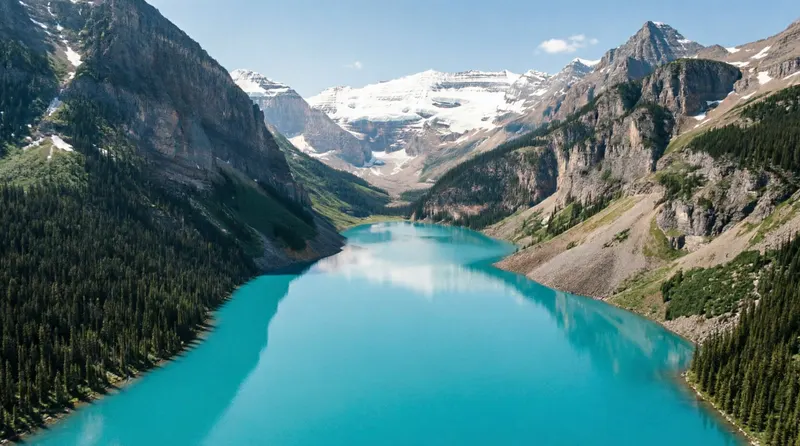 Lake Louise and Victoria Glacier from above with picnic setup