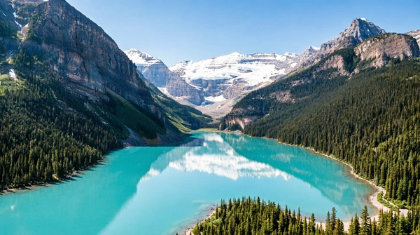 Lake Louise from above with turquoise water