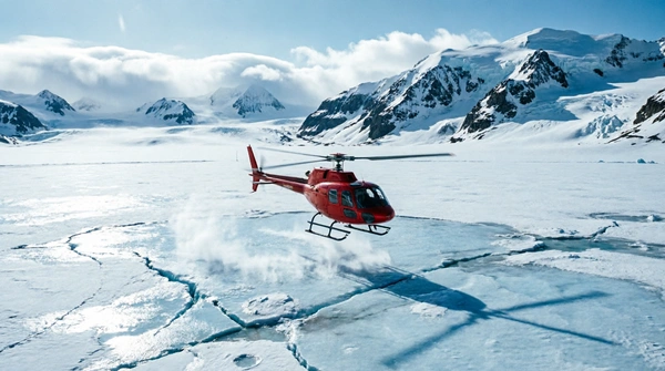 Helicopter approaching a glacier landing