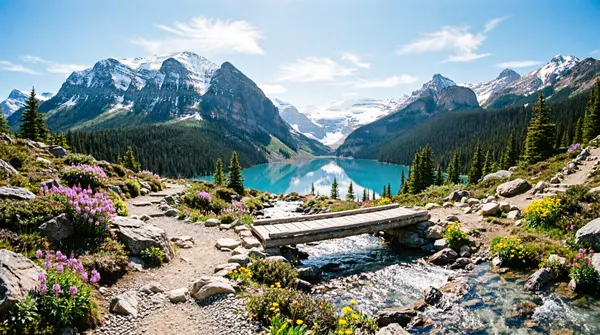 Turquoise river valley crossing in the mountains