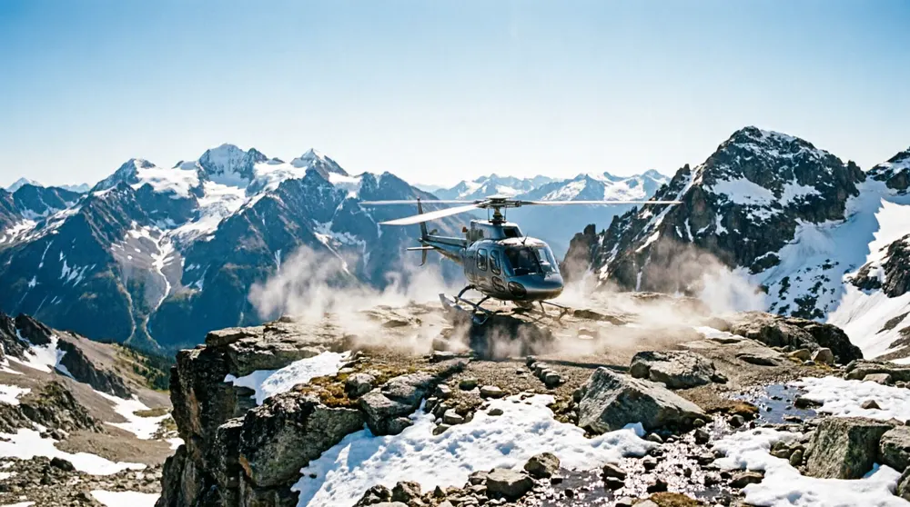 A helicopter crossing a remote mountain valley in Canada