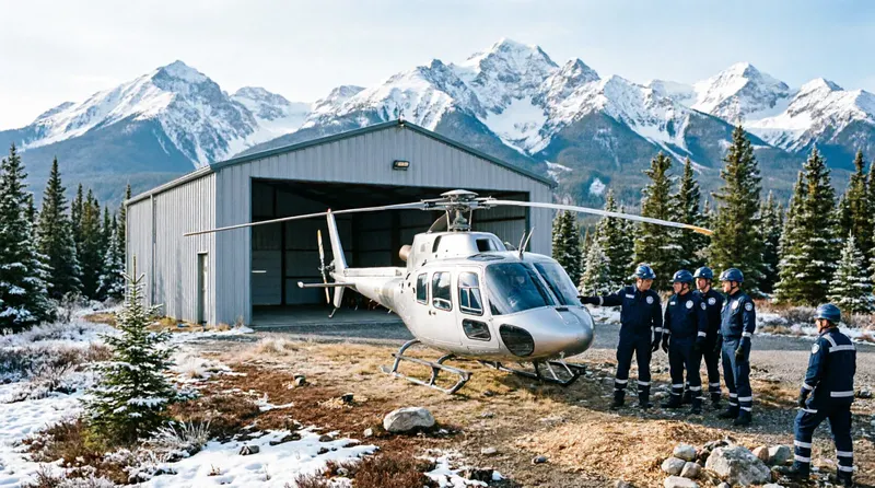 Helicopter hangar and team at a mountain base