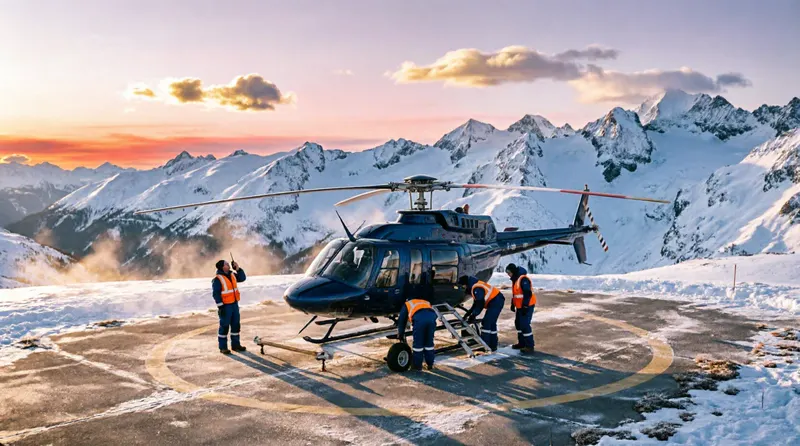 Mountain base operations at sunrise