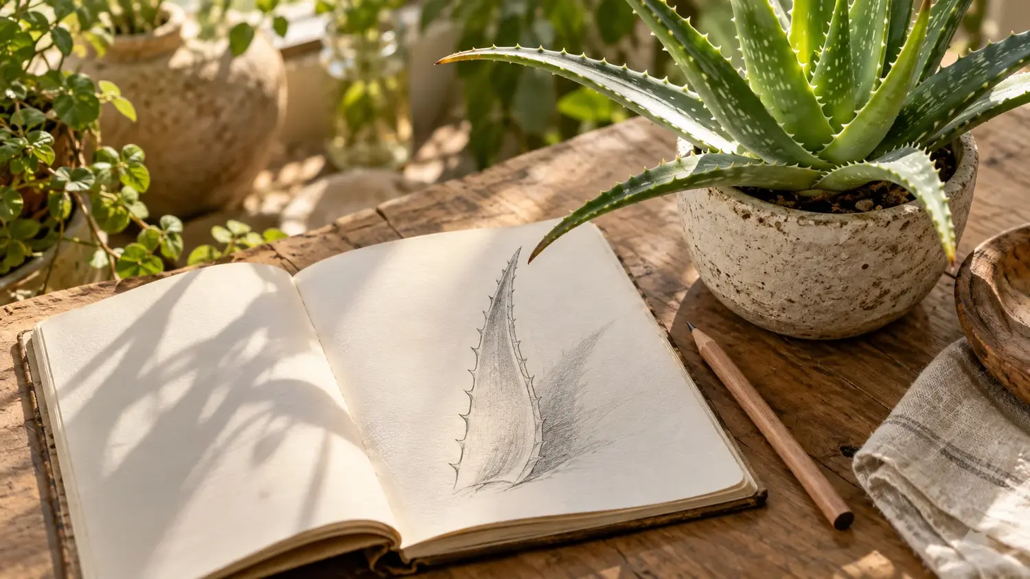 Carnet avec un dessin de feuille, crayon et aloe sur une table d’atelier