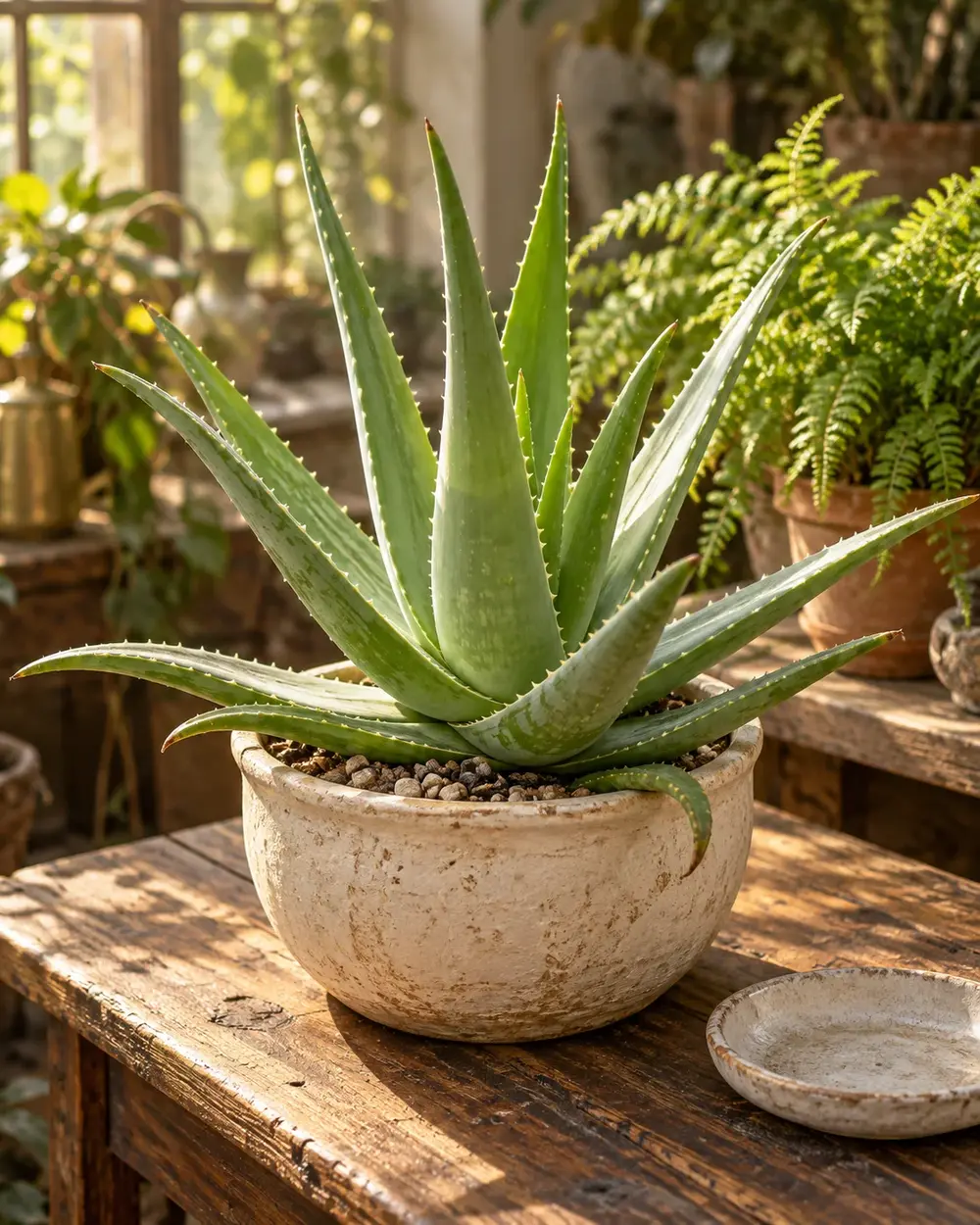 Aloe vera et sa soucoupe sur un établi en bois, avec une fougère en arrière-plan