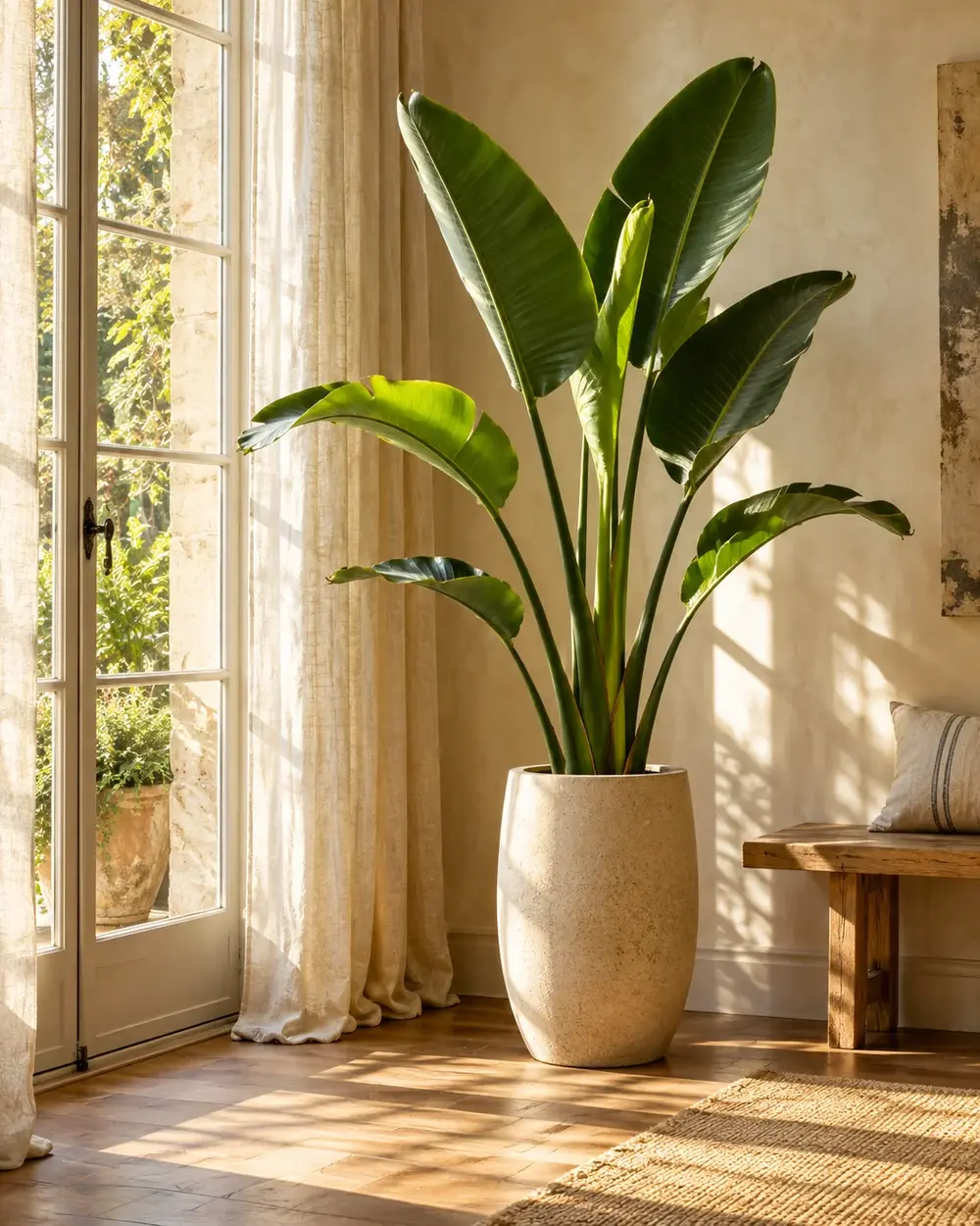 Strelitzia dans un pot de sol, près d’une fenêtre et d’un rideau en lin