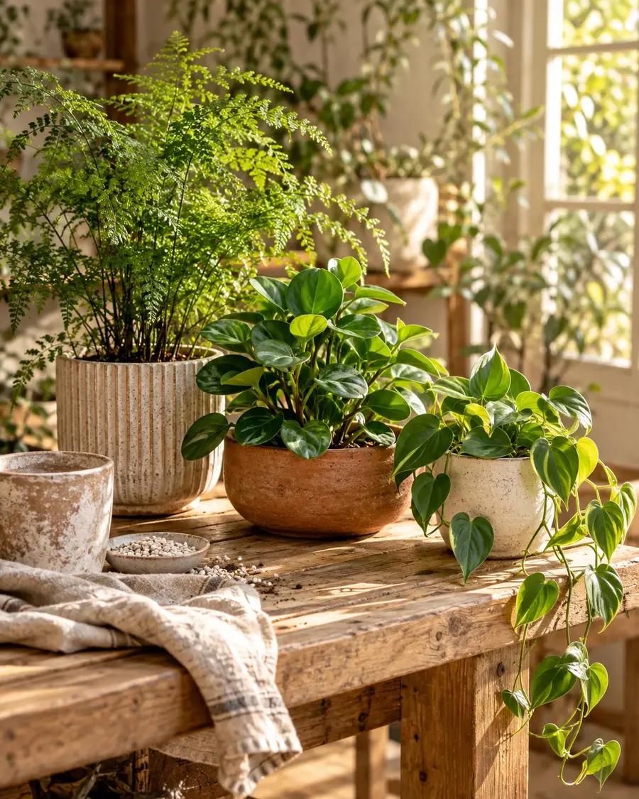 Fougère et petits feuillages dans des pots séparés, sur une table de composition