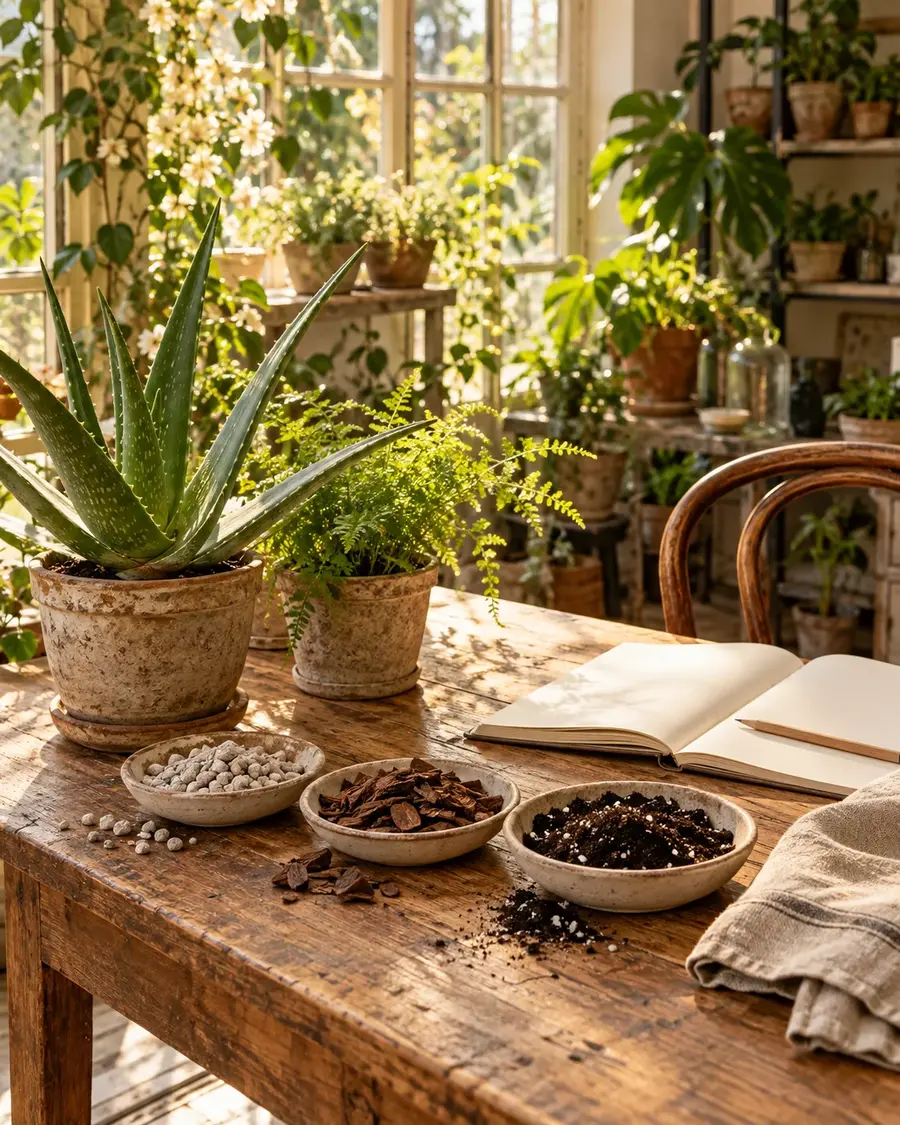 Table d’observation avec plantes, carnet et coupelles de pierre ponce, d’écorce et de terreau