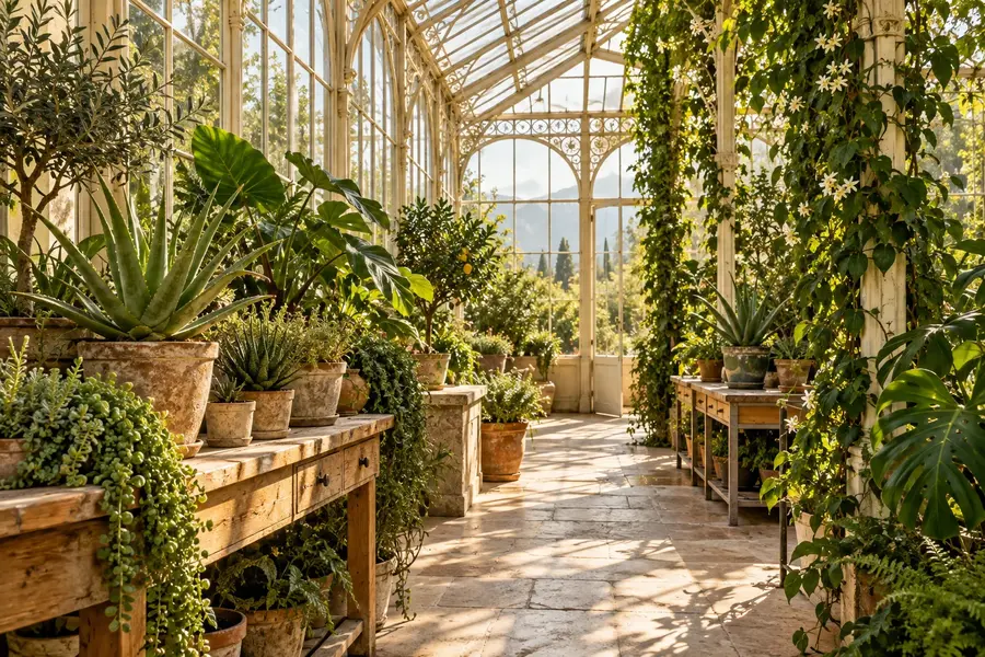 Allée d’une serre lumineuse, entre établis en bois et plantes en pots
