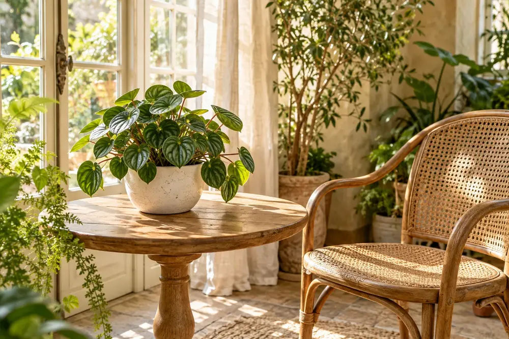Fauteuil en cannage et table ronde avec une plante, dans un coin d’atelier ensoleillé