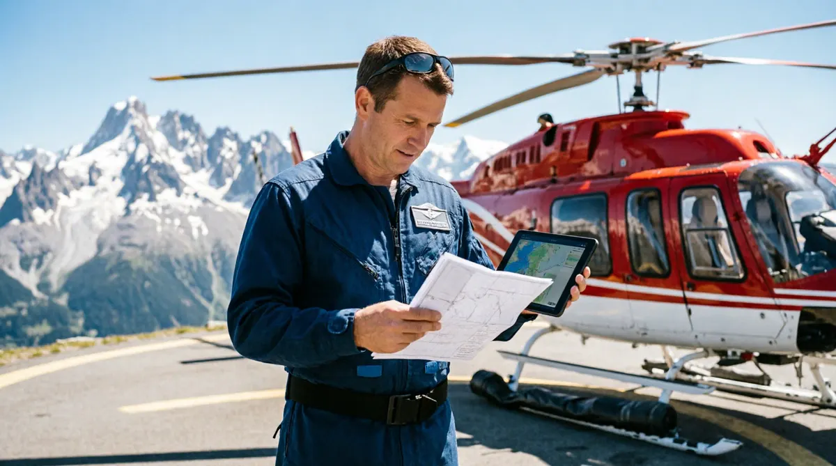 Pilot reviewing a flight plan beside a helicopter