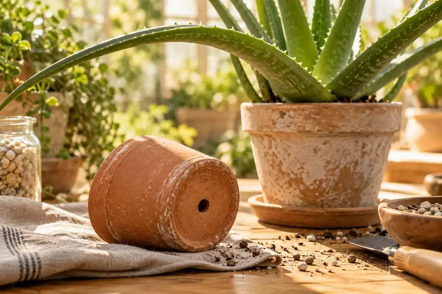 Trou de drainage d’un pot en terre cuite posé à côté d’un aloe