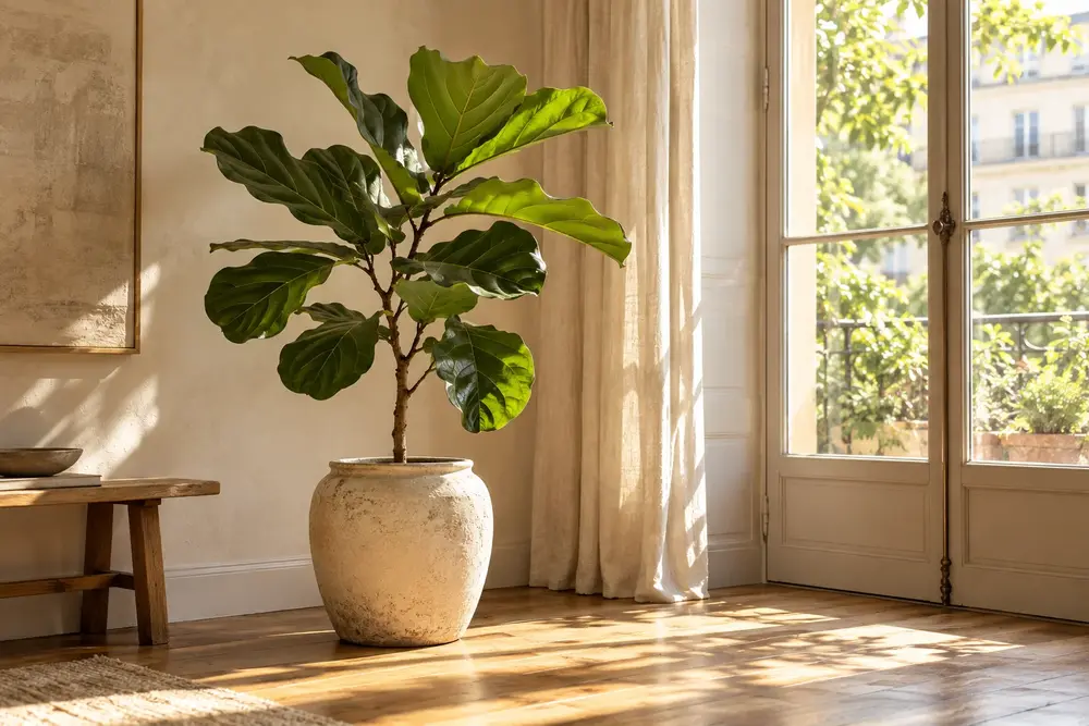 Ficus lyrata et son contenant près d’une grande fenêtre dans un intérieur lumineux