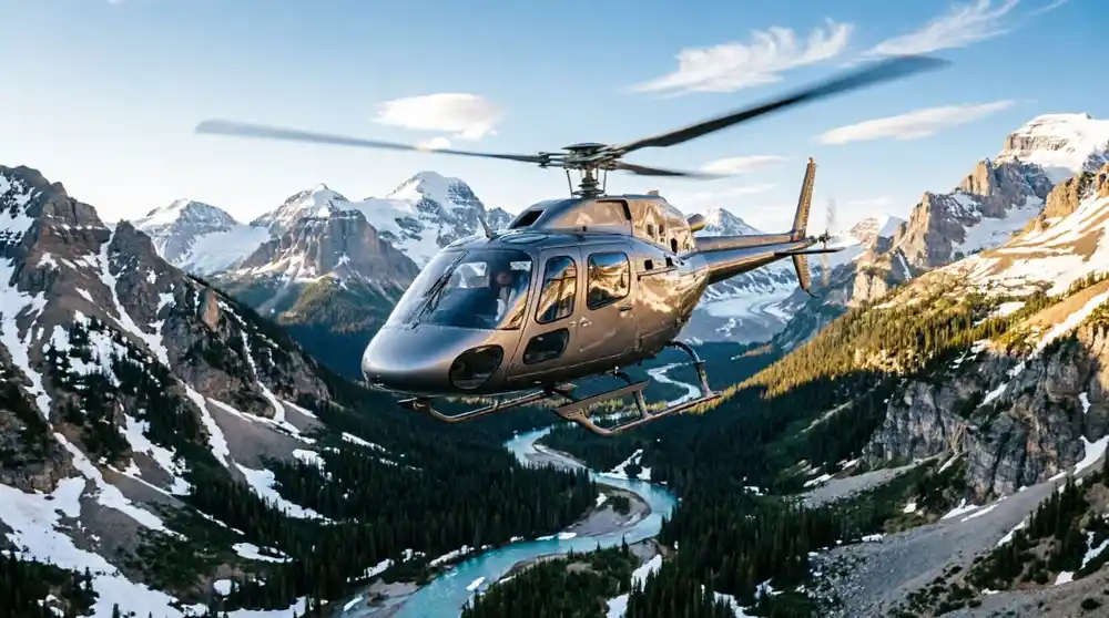 Helicopter landing on an alpine plateau in the Rocky Mountains
