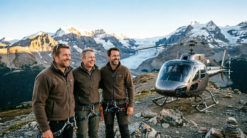 Guests standing beside a landed helicopter on a mountain ridge