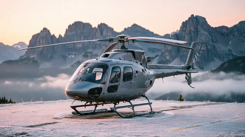 Helicopter parked on a mountain landing pad at dawn